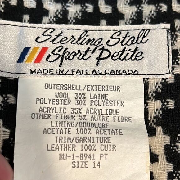 Sterling Stall Sport‎ Wool Blend Leather Collar Black/White Blazer Size 14P - Picture 14 of 16
